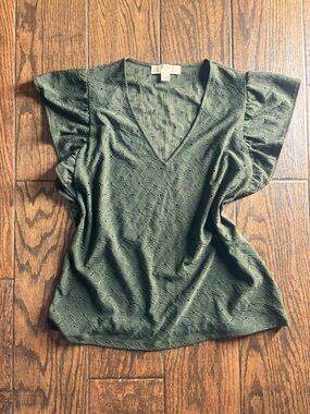 Michael Kors Olive Eyelet V-Neck Flutter Sleeve Blouse